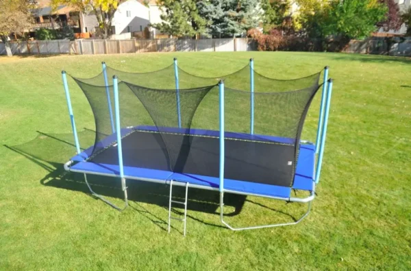 A round trampoline safety enclosure with a net