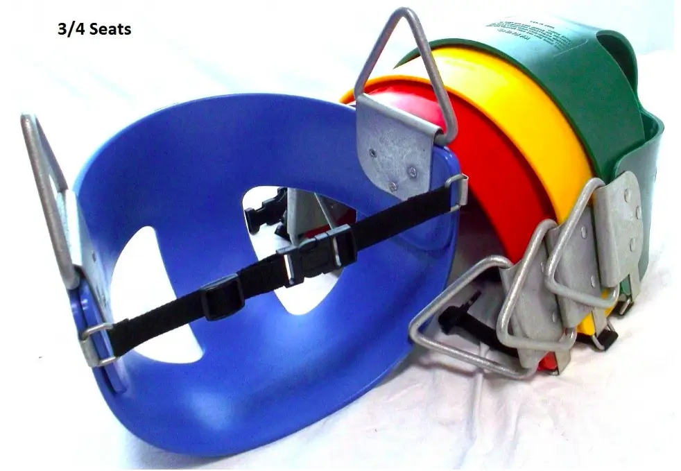 A set of colorful infant seats with buckles
